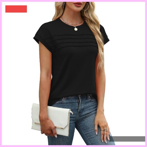 Women's Pleated Front Cap Sleeve Tee, Crew Neck Summer Top, Trendy Fashion - Picture 3 of 4